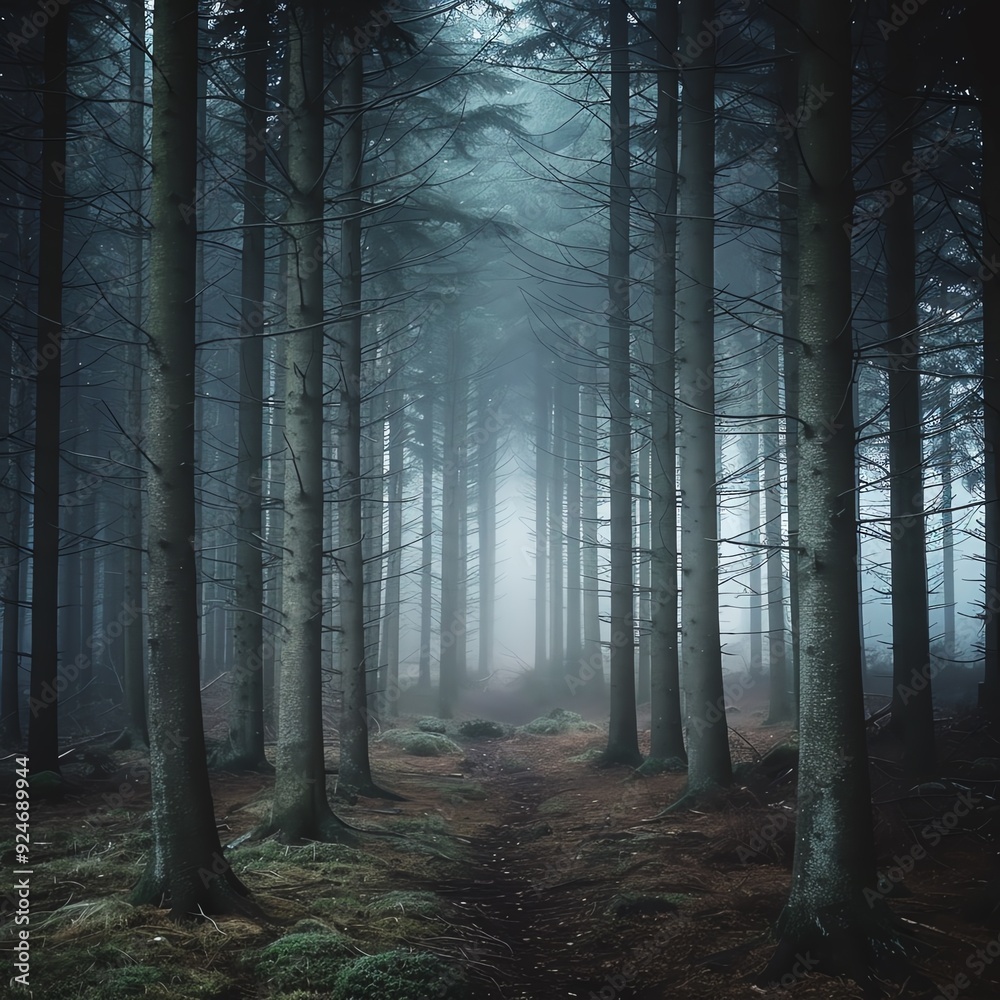 Fototapeta premium Misty forest with tall trees and foggy atmosphere, creating a serene and mysterious landscape perfect for nature and adventure themes.