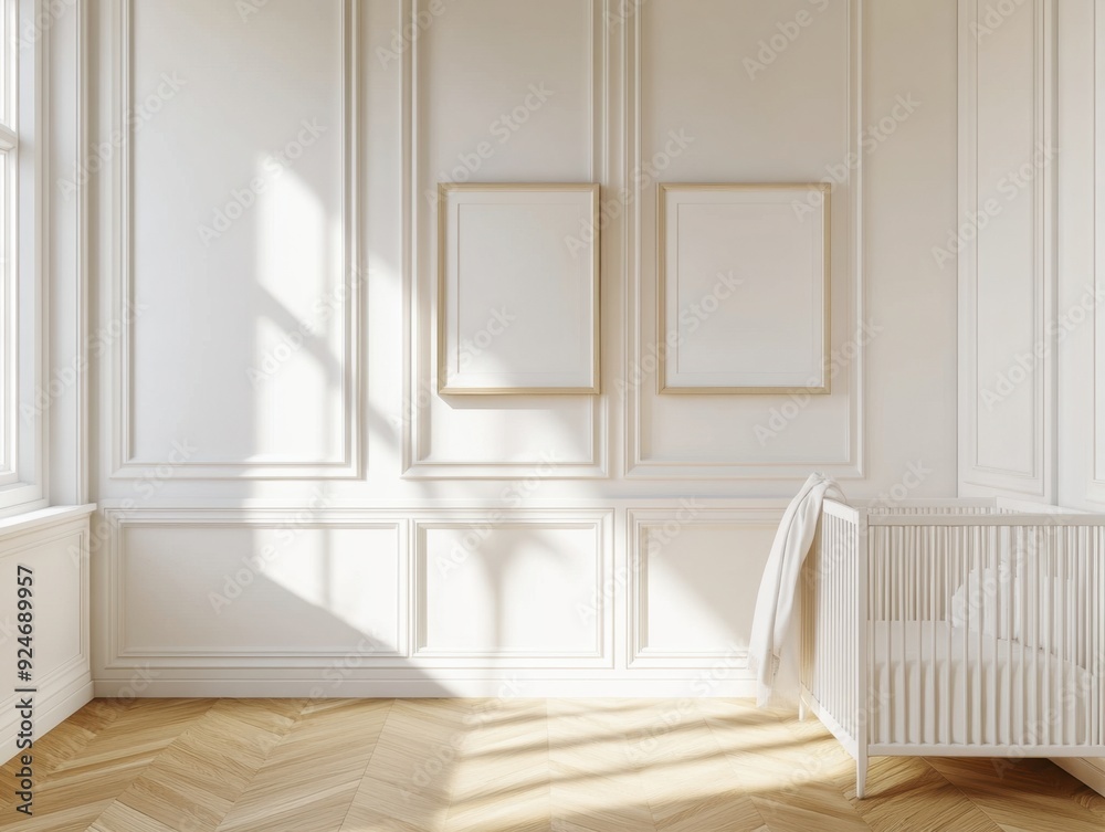 A white room with a crib and two empty picture frames on the wall A white room with a crib and two empty picture frames on the wall