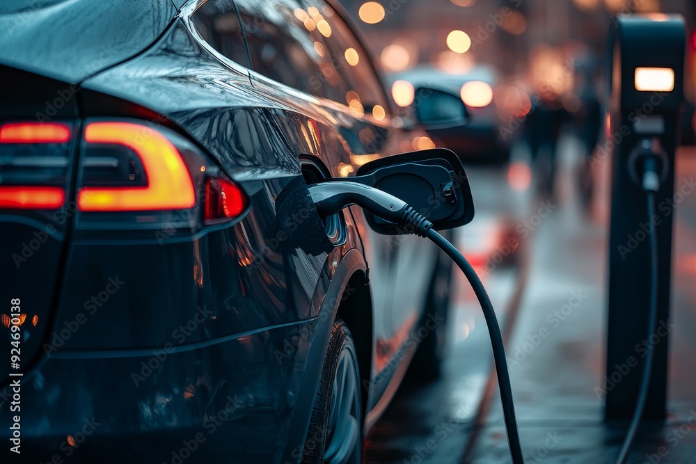 Close up of electric vehicle charging at station, highlighting intricate details of the charger Close up of electric vehicle charging at station, highlighting intricate details of the charger