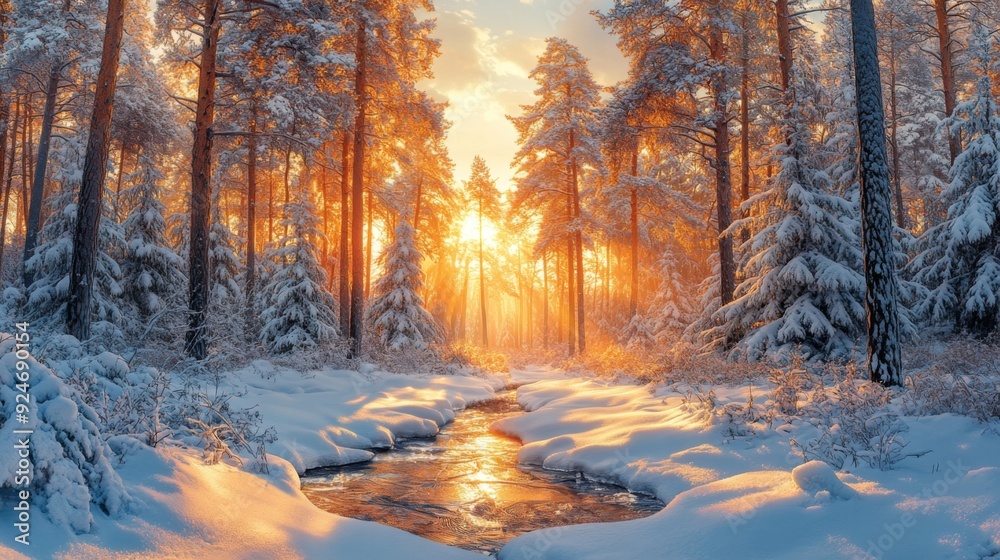 Snowy Forest with Tall Pine Trees at Golden Hour and Warm Sunlight Filtering Through Branches Snowy Forest with Tall Pine Trees at Golden Hour and Warm Sunlight Filtering Through Branches