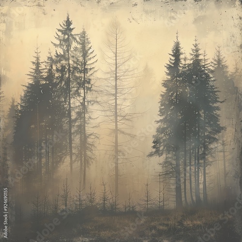 Misty forest at dawn with tall trees and a vintage, ethereal atmosphere, perfect for nature and wilderness-themed projects.