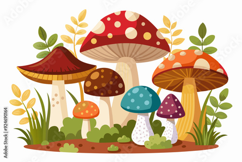 A Cluster of Colorful Mushrooms in a Forest Setting