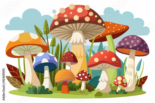 Colorful Mushroom Patch with Blue Sky and Grass