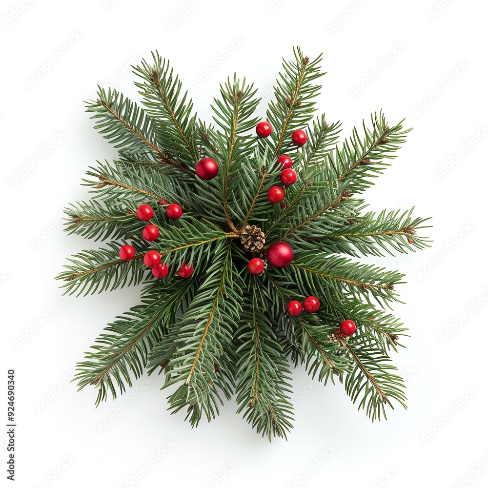 Festive wreath with green pine branches and red berries on white background, perfect for Christmas and holiday decorations. Festive wreath with green pine branches and red berries on white background, perfect for Christmas and holiday decorations.