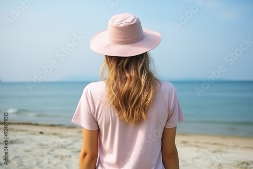 Wallpaper Mural A woman wearing a pink hat stands on a beach with her back to the camera Torontodigital.ca