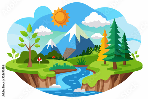 Mountainous Landscape with a Winding River and Sunny Sky