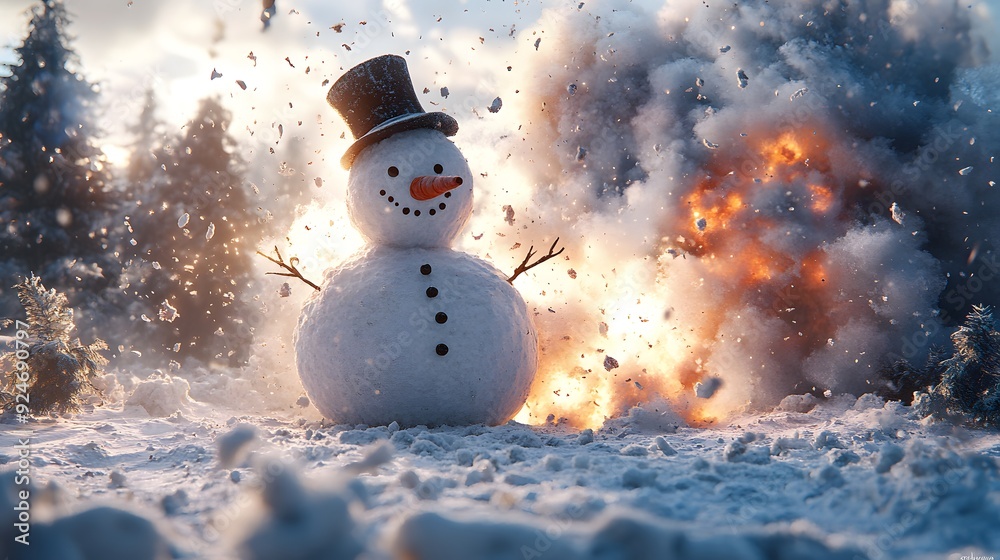 Obraz premium Snowman Standing Strong Against An Explosion.