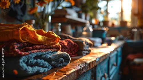 Rustic kitchen bathed in warm sunlight with neatly folded clothes on a wooden counter creating a cozy and homey atmosphere. photo