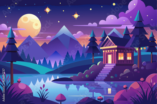 Nighttime Mountain Landscape with Cabin, Lake, and Stars