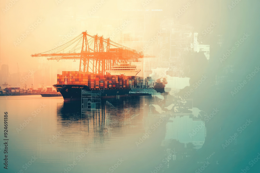 Container Ship at Sunset in Port with Digital Overlay of World Map and Data, Symbolizing Global Trade and Logistics Container Ship at Sunset in Port with Digital Overlay of World Map and Data, Symbolizing Global Trade and Logistics