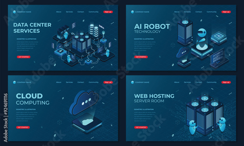 Set of isometric landing page templates. Modern technology concept for datacenter with server, artificial intelligence, and web hosting technology