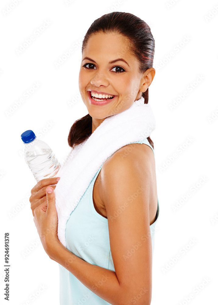 Fitness, woman or portrait with water bottle in studio for workout, exercise or hydration for training at gym. Happy, instructor or person with towel for pilates, yoga or wellness on white background Fitness, woman or portrait with water bottle in studio for workout, exercise or hydration for training at gym. Happy, instructor or person with towel for pilates, yoga or wellness on white background
