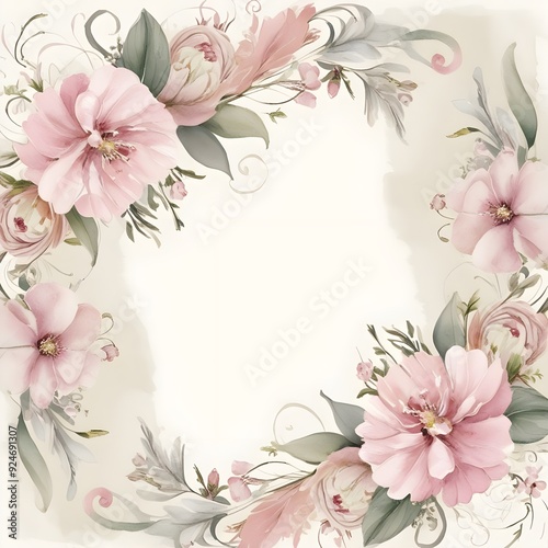 Elegant Floral Watercolor Frame with Pink and Green Accents, created with generative AI technology
