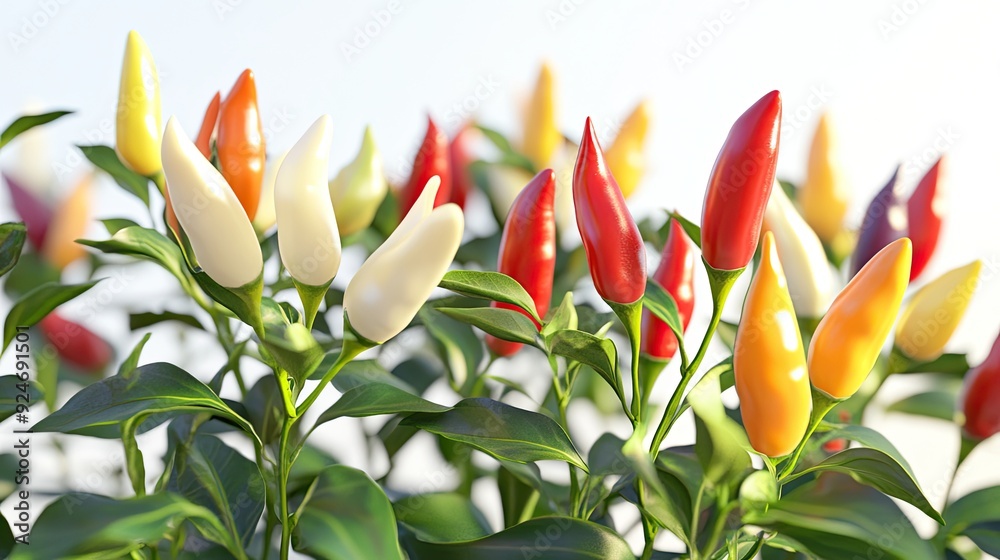 Colorful Chili Peppers Growing in a Garden with Green Leaves and Bright Sunlight Colorful Chili Peppers Growing in a Garden with Green Leaves and Bright Sunlight