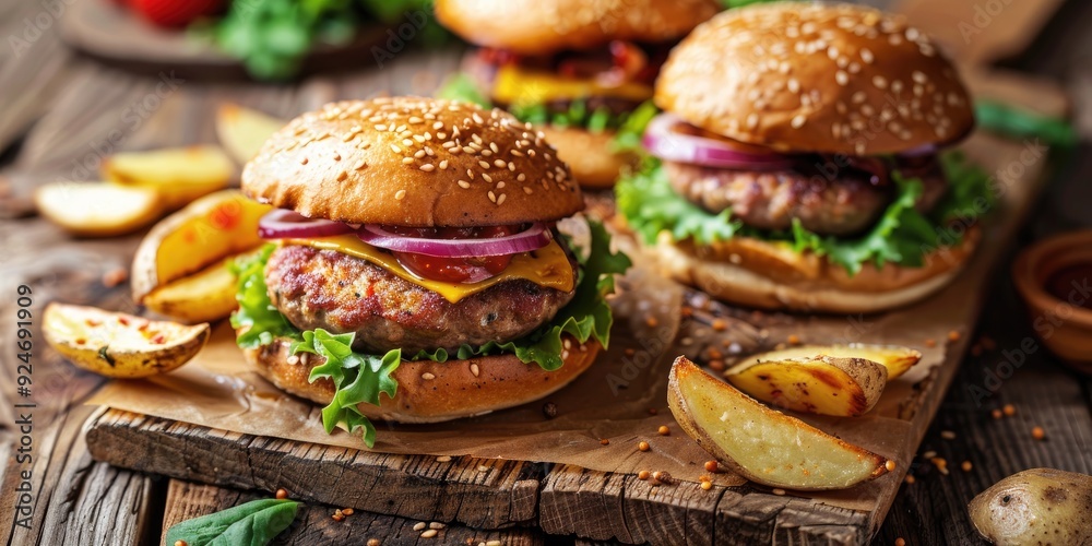 Two delicious homemade burgers served with crispy fried potatoes on a rustic wooden table Ample space for text Two delicious homemade burgers served with crispy fried potatoes on a rustic wooden table Ample space for text
