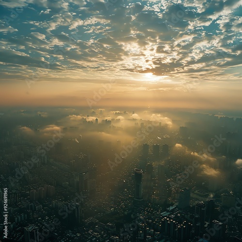 A breathtaking aerial view of a cityscape at sunrise, shrouded in mist, with the sun breaking through dramatic clouds.