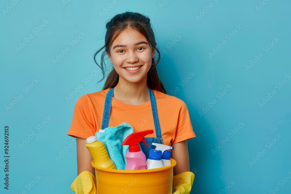 Happy young maid in twenties with yellow gloves holding cleaning bucket on blue background Happy young maid in twenties with yellow gloves holding cleaning bucket on blue background