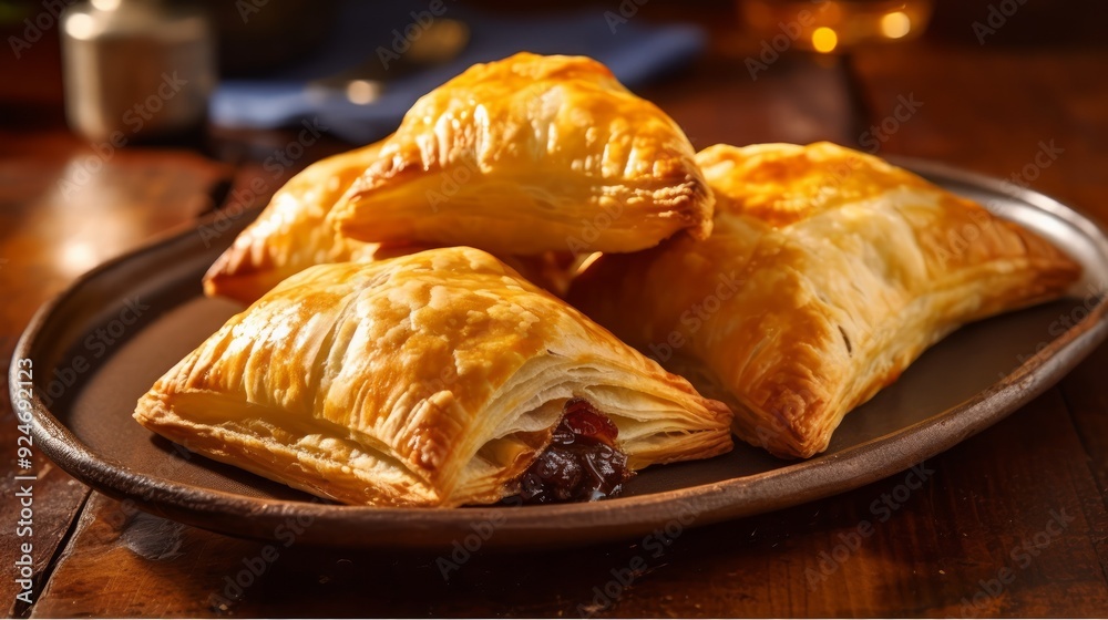 Close-up of golden puff pastry pockets filled with a sweet fruit filling, served on a rustic plate Close-up of golden puff pastry pockets filled with a sweet fruit filling, served on a rustic plate