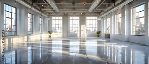 Bright loft with tall windows, industrial design.