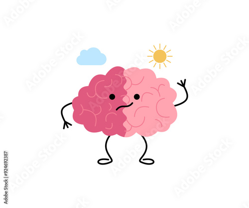 Brain with change emotion, metal bipolar problem, cute kawaii character. Mood disorder. Suffering of positive negative state contrasts. Confusing, stress, anxiety, life crisis. Vector illustration