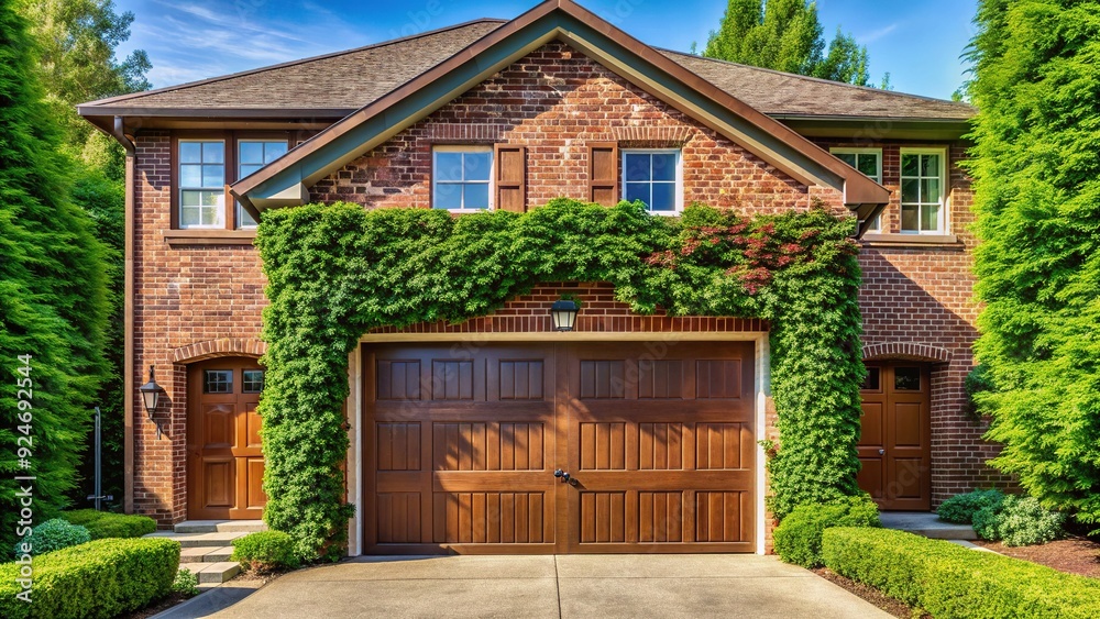 Obraz premium Traditional suburban home exterior featuring a brown garage door, brick facade, and lush ivy growth cascading down the exterior wall on a sunny day.