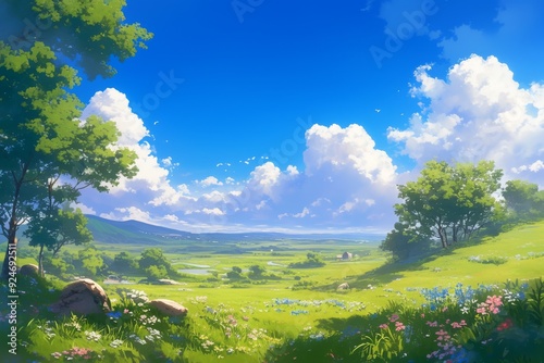 Beautiful landscape with green fields, blue sky, and white clouds.  Peaceful and tranquil scenery perfect for nature backgrounds.