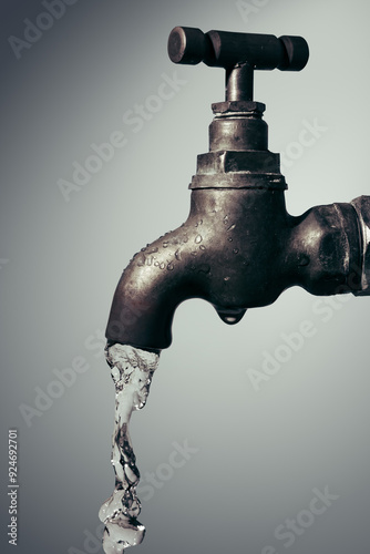 Old vintage faucet with flowing water