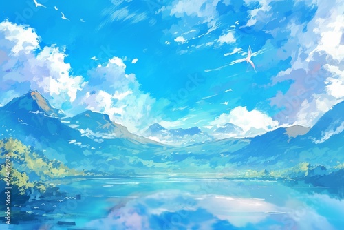Beautiful landscape painting of a blue sky, lake, and mountains. Dreamy, artistic, and serene scene. Watercolor art with fantasy and anime aesthetics.