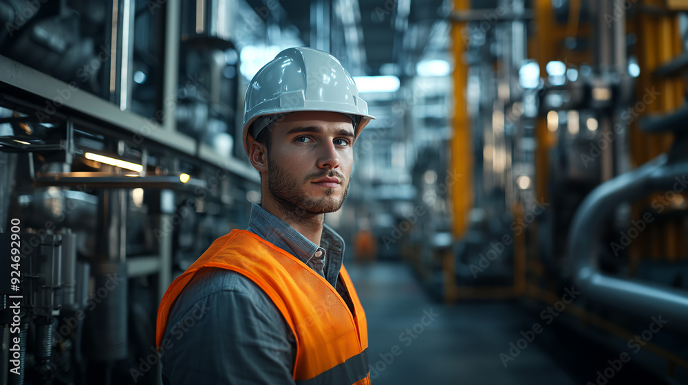 Worker in hard hat and safety vest stands industrial setting. Labor Day Concept. Generative AI Worker in hard hat and safety vest stands industrial setting. Labor Day Concept. Generative AI
