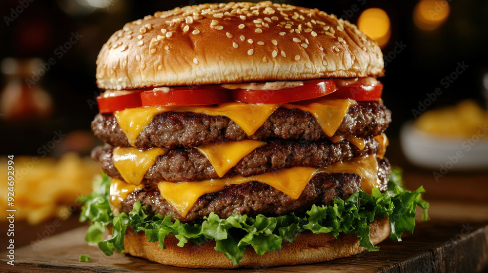 A mouthwatering hamburger featuring twenty thick beef patties piled in the center,