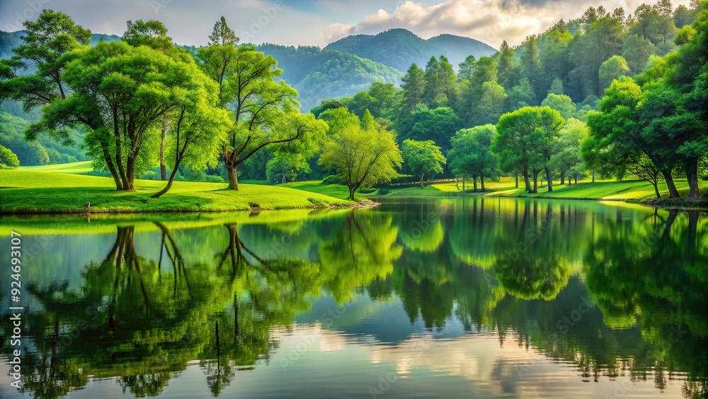 Fototapeta premium Tranquil Reflections: Serene, Ambient, Reflective, Green, Nature