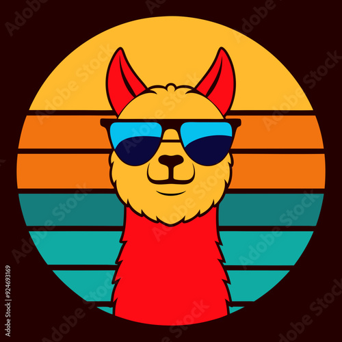 Vintage retro sunset with alpaca face silhouette vector illustration, graphics elements for trendy t-shirt