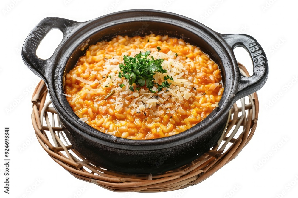 A serving of risotto topped with cheese and herbs in a black pot on a woven basket. A serving of risotto topped with cheese and herbs in a black pot on a woven basket.