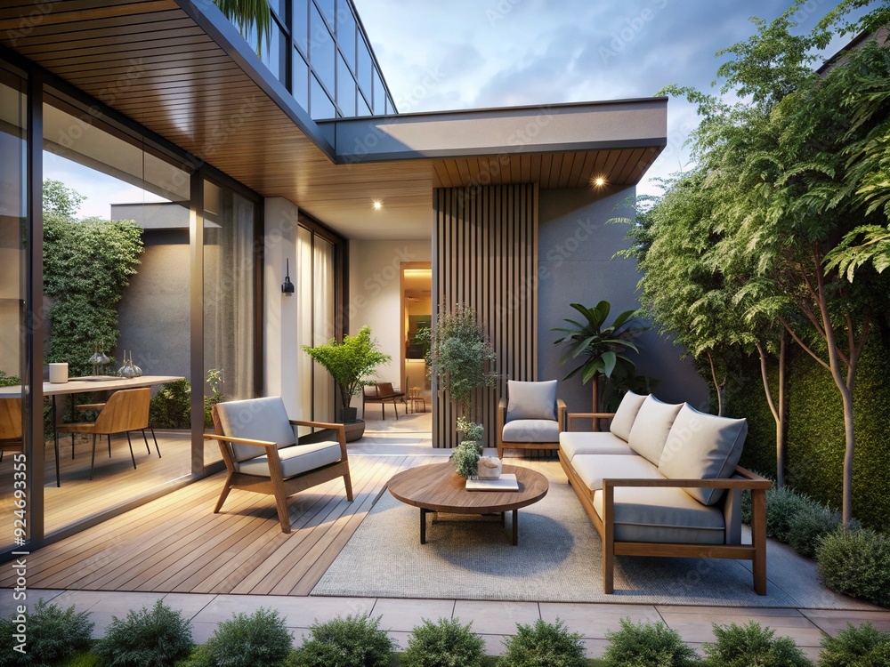 Fototapeta premium Tranquil Retirement Abode: Serene, calming, neutral tones, minimalist design, outdoor terrace