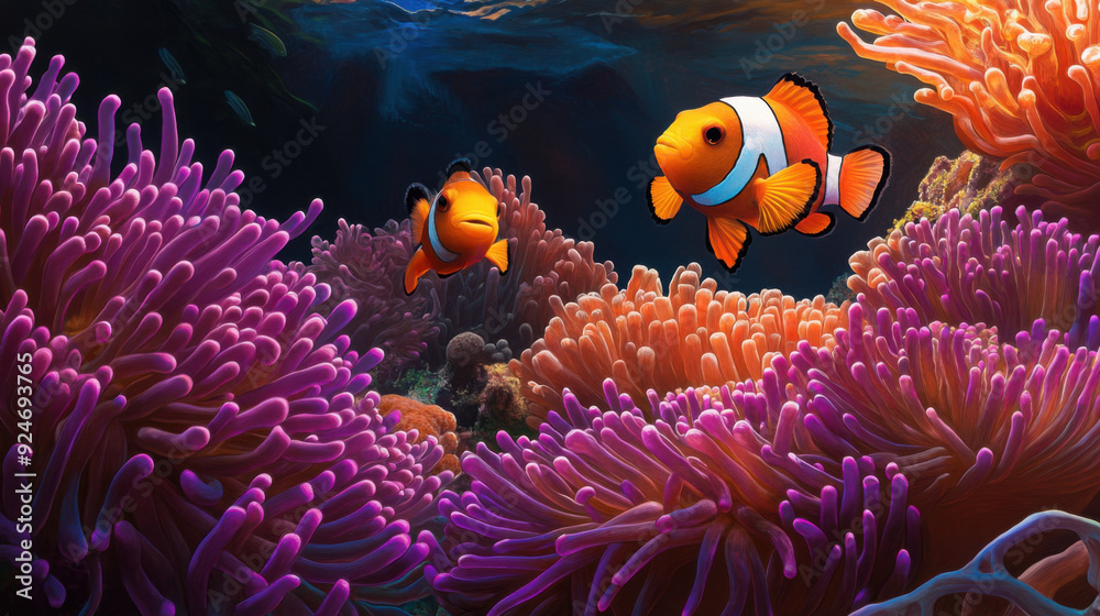 A pair of clownfish playing among the vibrant tentacles of a sea anemone in a coral reef A pair of clownfish playing among the vibrant tentacles of a sea anemone in a coral reef