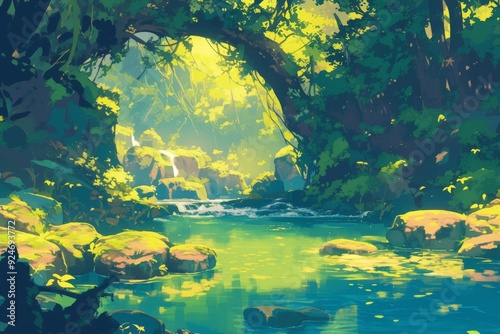 Peaceful Lush Forest with a Serene Stream Flowing Through. Tranquil Landscape of Nature with Sunlight and Greenery.