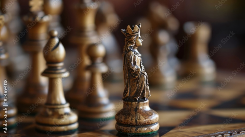 Fototapeta premium Close-up of wooden chess queen on chessboard highlighting detailed craftsmanship, with other chess pieces blurred in the background.