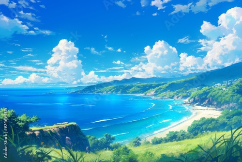 Beautiful blue ocean and sky in a scenic landscape with green hills and a white beach. Digital art landscape with vibrant colors.