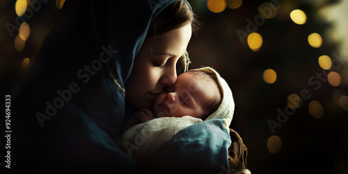 Virgin Mary with newborn Jesus, Christmas background with space for text. Christian religious banner photo