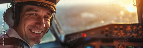 A commercial pilot wearing a uniform and headset, sits in the cockpit of an airplane, with sunlight streaming through the windows. photo