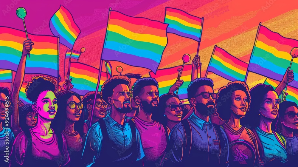 Fototapeta premium Diverse Group of People Celebrating at a Pride March in Line Art.
