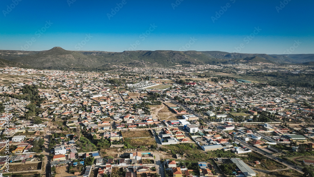 Aerial view of Lubango City showcasing urban layout and surrounding landscapes in Angola Aerial view of Lubango City showcasing urban layout and surrounding landscapes in Angola