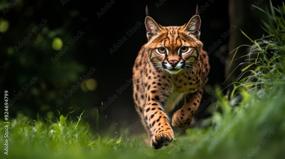 A Serval cat runs through tall grass with its paws extended. A Serval cat runs through tall grass with its paws extended.
