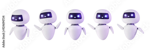 Set of 3d Neural network chat bot. AI servers technology. Cute mascot in various pose. Help assistance, artificial intelligence support device. Smart robotics render. Isolated vector illustration.