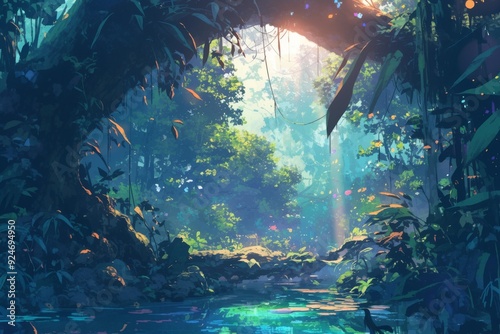 Magical fantasy jungle scene with a stream and butterflies, sun shining through the canopy.