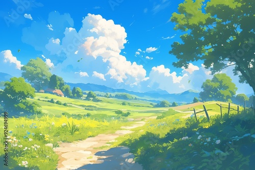 Fantasy landscape with blue sky, fluffy clouds, green grass and a dirt path.  Concept of nature, serenity, and peace. Ideal for travel, adventure, and relaxation.