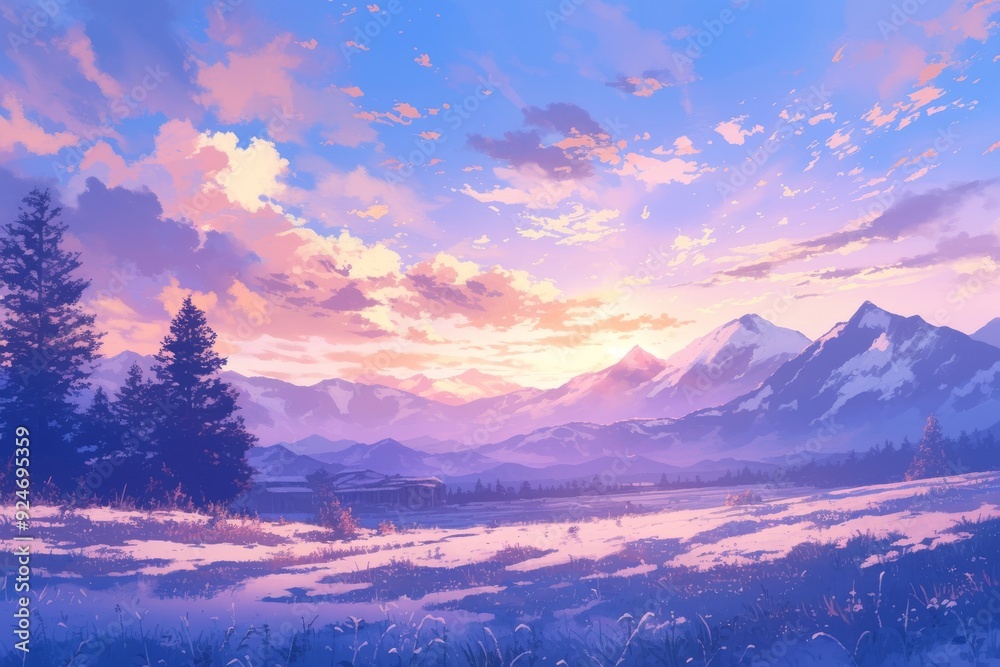 Beautiful mountain landscape with snow covered peaks and a purple sunset sky. Calm and serene nature scene, perfect for wallpaper or background. Beautiful mountain landscape with snow covered peaks and a purple sunset sky. Calm and serene nature scene, perfect for wallpaper or background.