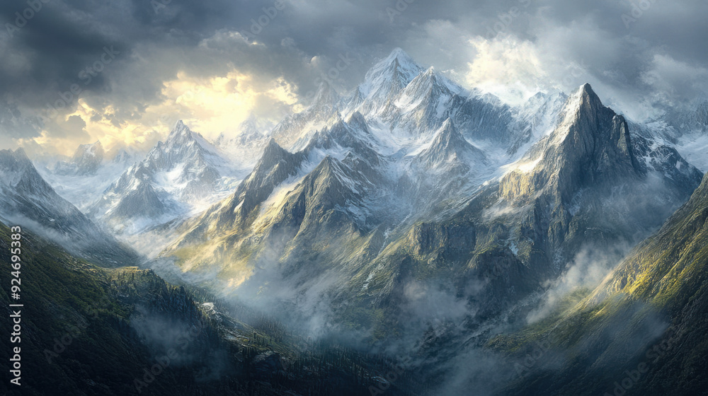 Obraz premium A panoramic view of the Swiss Alps with dramatic clouds and sunlight breaking through,