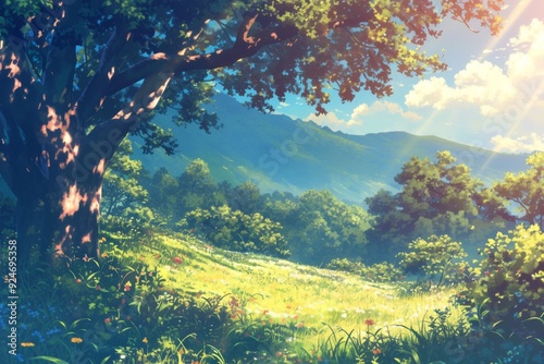 Anime style landscape of lush green meadow with trees, mountains, and sunlight, perfect for fantasy or adventure background