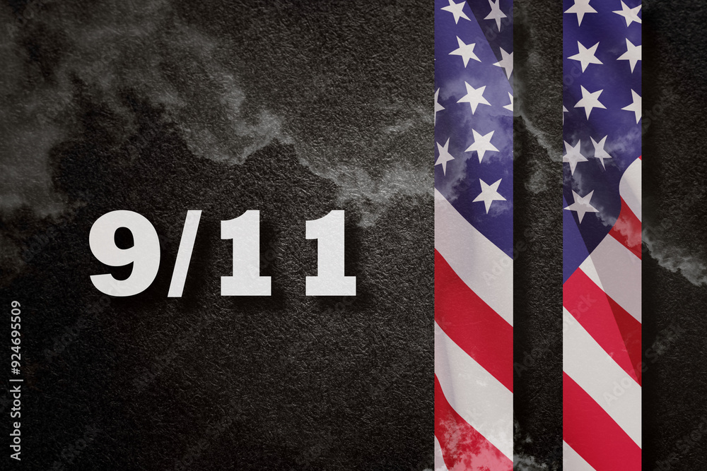 Fototapeta premium 911 inscription with towers with the pattern of the USA flag on black textured background with cloudy sky. 09.11.2001 American Patriot Day.